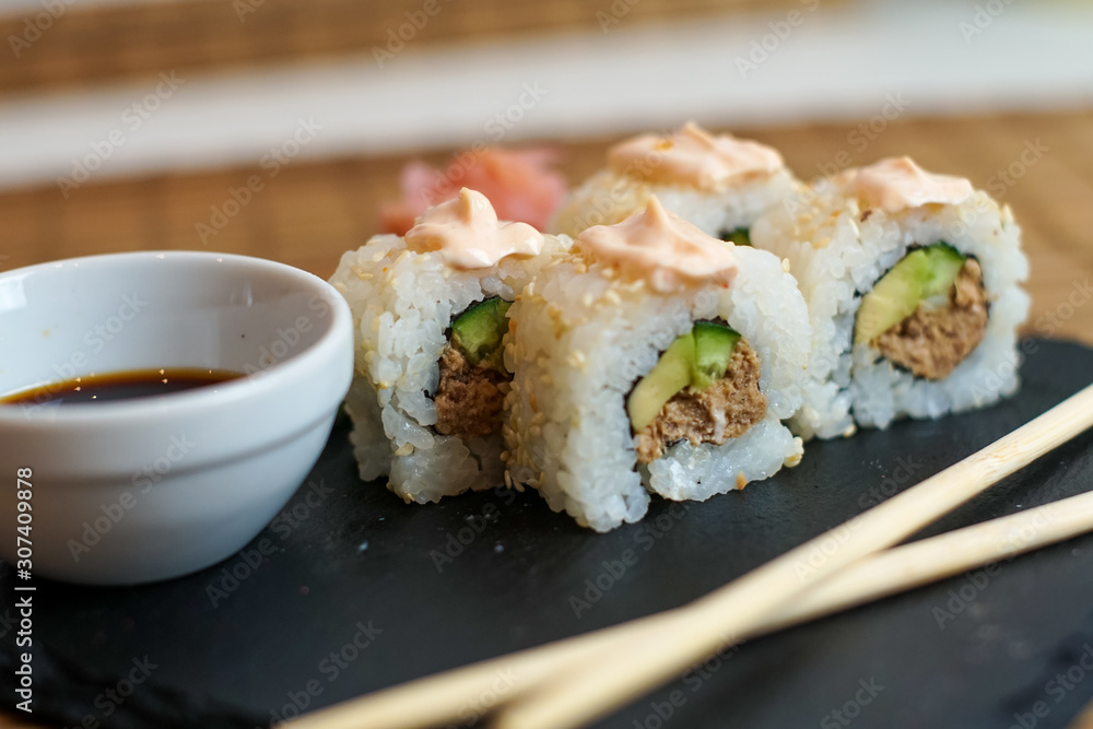 Sushi on a restaurant table Sushi on a restaurant table