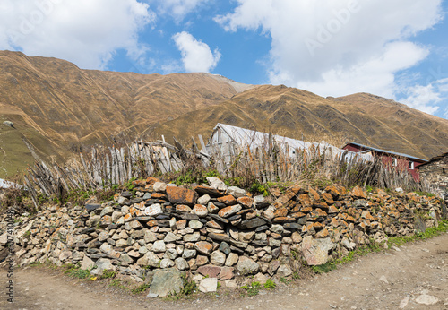 Ushguli village on a background of mountains in Svaneti in the mountainous part of Georgia