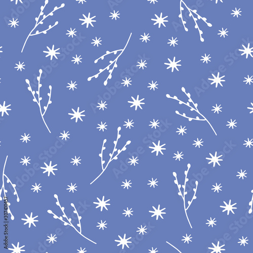 Vector seamless pattern with hand drawn winter snow covered branches and snowflakes