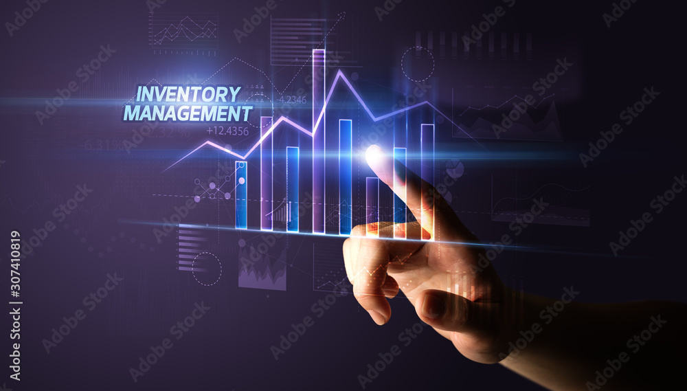 Hand touching INVENTORY MANAGEMENT button, business concept Hand touching INVENTORY MANAGEMENT button, business concept