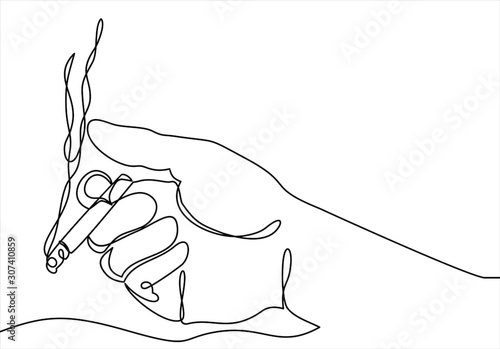 Vector illustration of a hand holding cigarette.Vector continuous line.