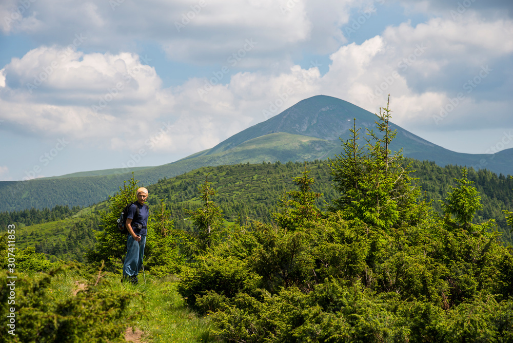 Girl on the background of Mount Hoverla