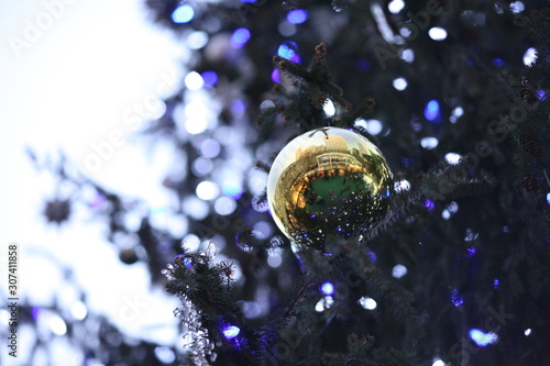 Closeup of Gold Christmas Bulb on outdoor holiday tree