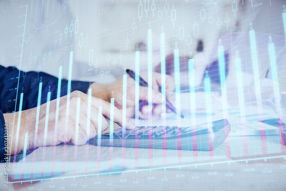 Financial trading graph double exposure with man desktop background. Financial trading graph double exposure with man desktop background.