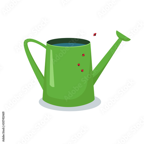 Garden watering can green with water, sitting on it ladybugs. Stock vector graphics. Isolated on white background.