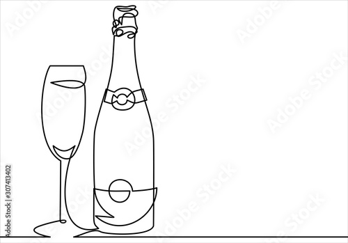 Champagne bottle and glass.vector illustration-continuous line drawing