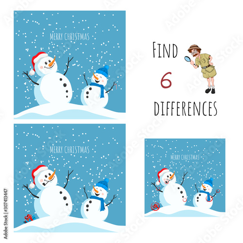 Find 6 differences. Educational game for children. Cartoon snowman in santa hat. Christmas puzzle