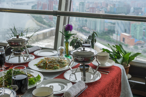 View from the revolving restaurant, Hotel in Pyongyang, North Korea photo