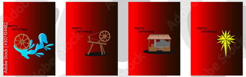 Design flyers for a fabulous Christmas with a stable image, spinning wheels, Christmas stars and wheels in the snow.