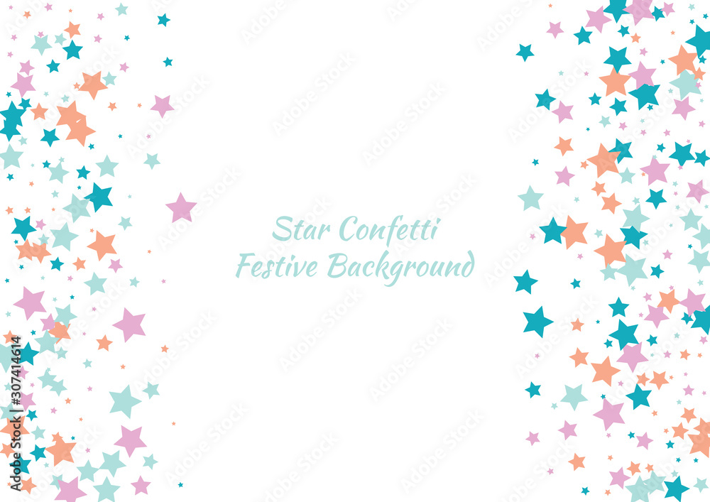 Festive color star confetti background. Abstract frame confetti texture for holiday, postcard, poster, website, carnivals, birthday and children's parties. Cover confetti mock-up. Wedding star layout