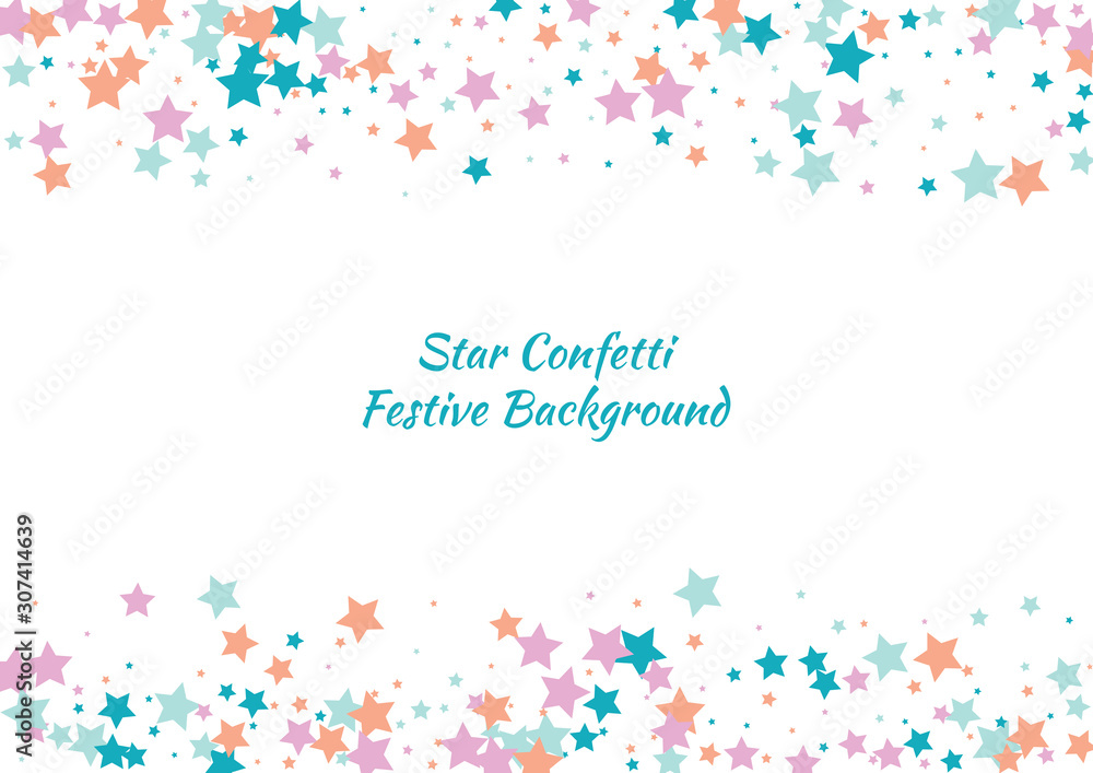 Festive color star confetti background. Abstract frame confetti texture for holiday, postcard, poster, website, carnivals, birthday and children's parties. Cover confetti mock-up. Wedding star layout