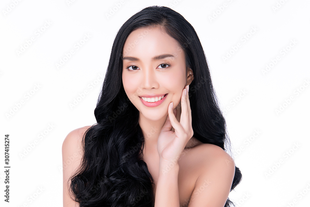 Beautiful Young Asian Woman with Clean Fresh Skin. Face care, Facial treatment, on white background, Beauty and Cosmetics Concept. Beautiful Young Asian Woman with Clean Fresh Skin. Face care, Facial treatment, on white background, Beauty and Cosmetics Concept.