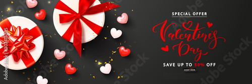 Happy valentine's day sale banner. Holiday background with gift boxes, hearts and Golden streamers.Vector illustration for website,posters,ads,coupons,promotional material.