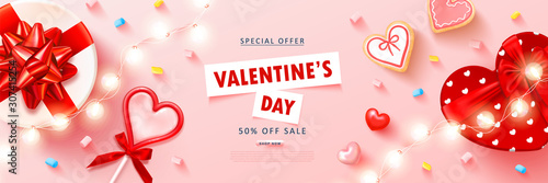 Valentine's day sale background with heart lollipop,cookies, streamers,gift box,marshmallow and garland. Modern design.Universal vector background for poster, banners, flyers, card,advertising
