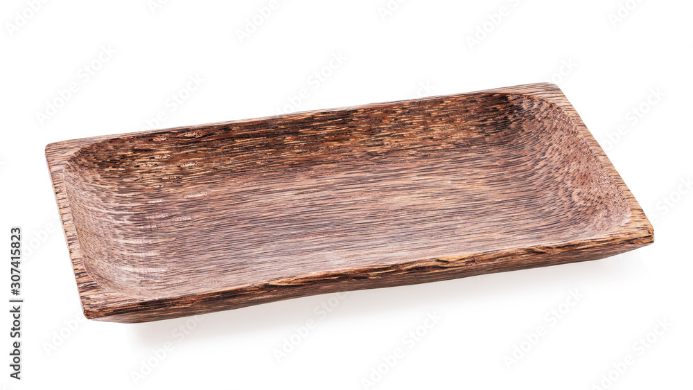 Fototapeta premium Empty wooden plate isolated on a white background. The dish is brown. Stacked photo