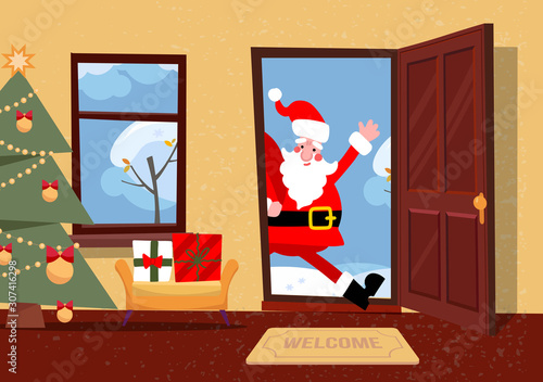 Santa Claus looks in doorway. Hallway interior with Christmas tree, gifts in boxes inside. Santa coming to give presents to children. Flat cartoon vector illustration.