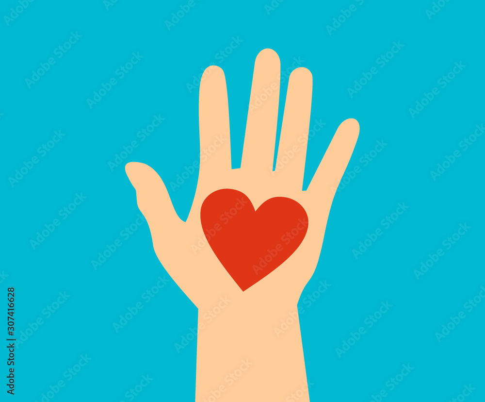Obraz premium Raised hand with red heart on its palm on blue background. Help, charity and love concept. Flat design