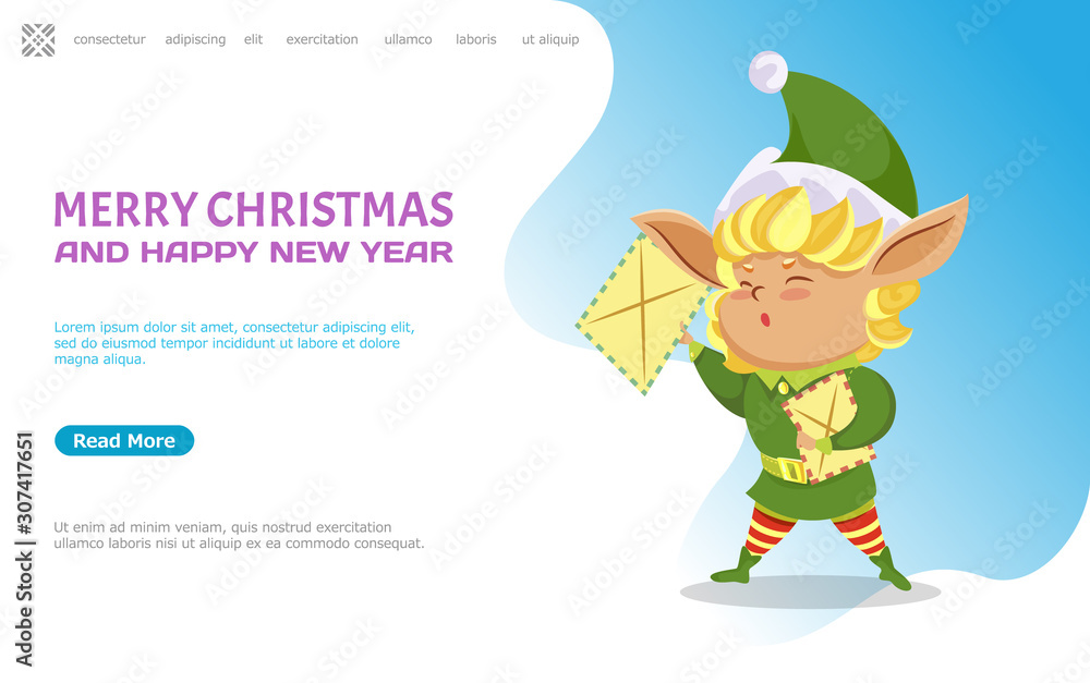 Merry christmas and happy new year celebration of winter holidays.Elf holding letter in hands. Blonde dwarf in traditional costume. Website or webpage template, landing page, vector in flat style Merry christmas and happy new year celebration of winter holidays.Elf holding letter in hands. Blonde dwarf in traditional costume. Website or webpage template, landing page, vector in flat style