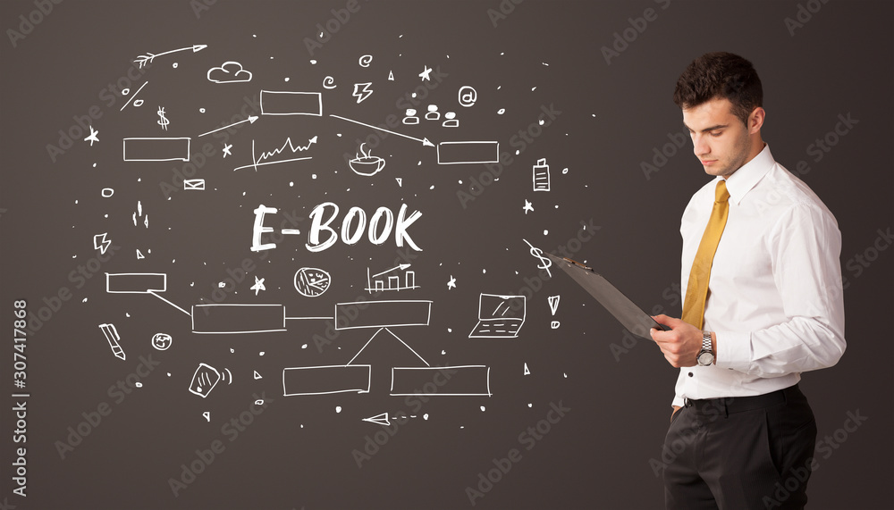 Businessman thinking with E-BOOK inscription, business education concept Businessman thinking with E-BOOK inscription, business education concept