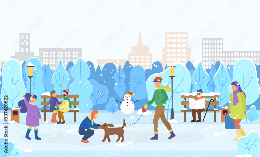 Obraz premium Winter cityscape with people walking and playing outdoors. Man walking dog on leash. Couple hugging in park. Old male reading newspaper. City with skyscrapers and trees greenery, vector in flat
