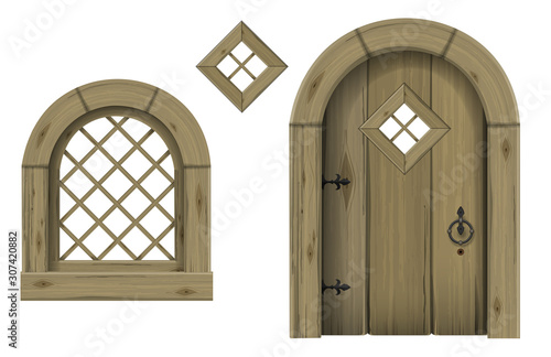 Antique wooden arched door and window
