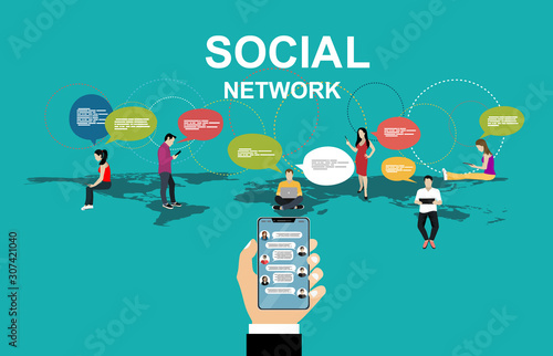 Social network web site surfing concept illustration of young people using mobile gadgets such as smartphone, tablet pc part of online community. Flat style. Vector illustration.