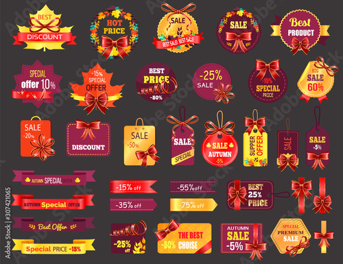 Price tags, shopping isolated icons, autumn sale. Online store, best price or special offer, weekend sale and fall discount or big off. Shop and store emblems, trade and seasonal action cards