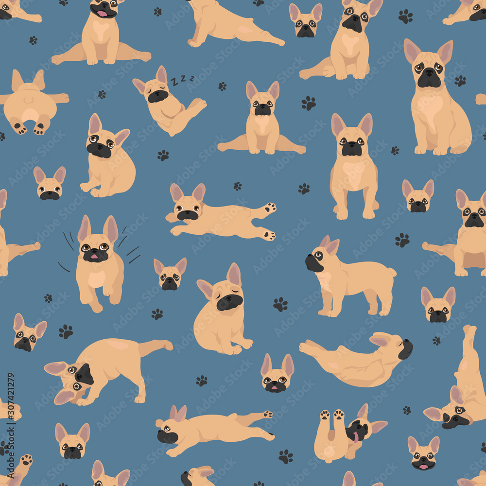Fototapeta premium French bulldog seamless pattern. Dog healthy silhouette and yoga poses background