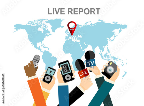 Journalism concept vector illustration in flat style.Vector live report concept, live news, hands of journalists with microphones, camera and tape recorders