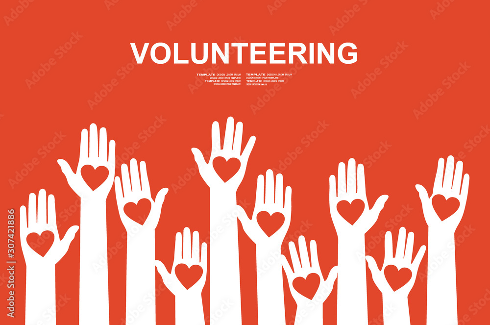 Hands with hearts. Raised hands volunteering vector concept Hands with hearts. Raised hands volunteering vector concept