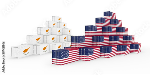 3D Illustration of the group Cargo Containers with Cyprus and United States of America (USA) Flag. Isolated on white.