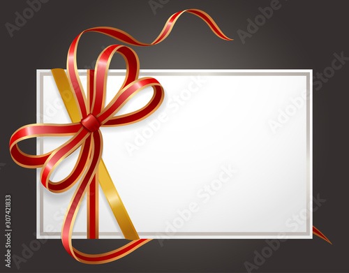 Gift card decorated by glossy ribbon and bow symbols. Empty white postcard with shiny stripes isolated on black. Blank icon in frame with elegant tapes sign, element for holiday greeting vector