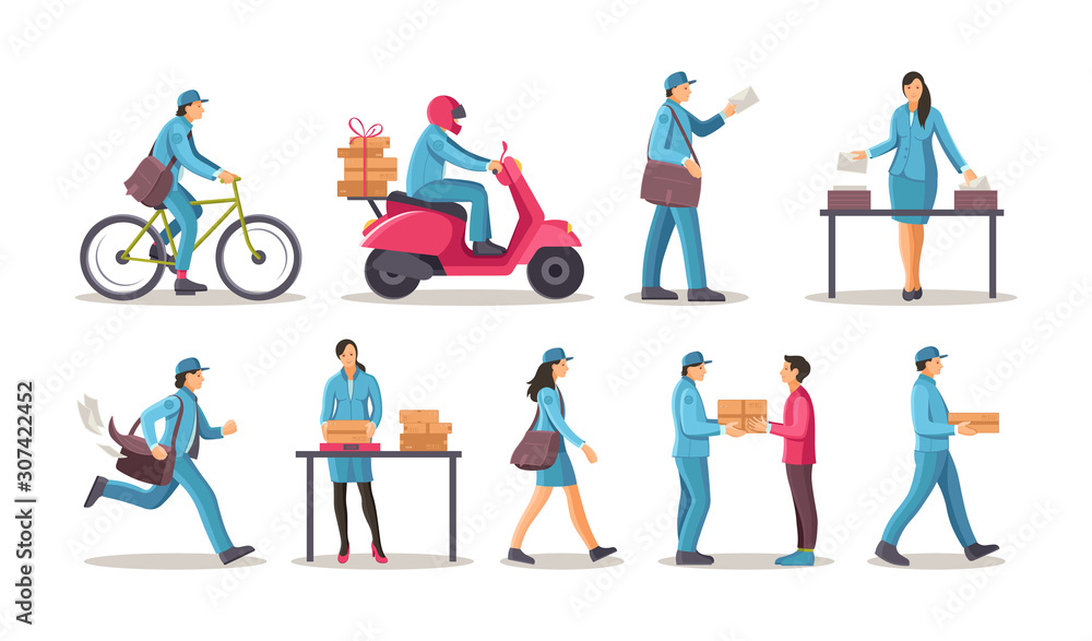 Post office workers shipping letters, parcel set. Postman work courier with bag on bicycle scooter running delivering correspondence, letters to the addressee cartoon vector illustration