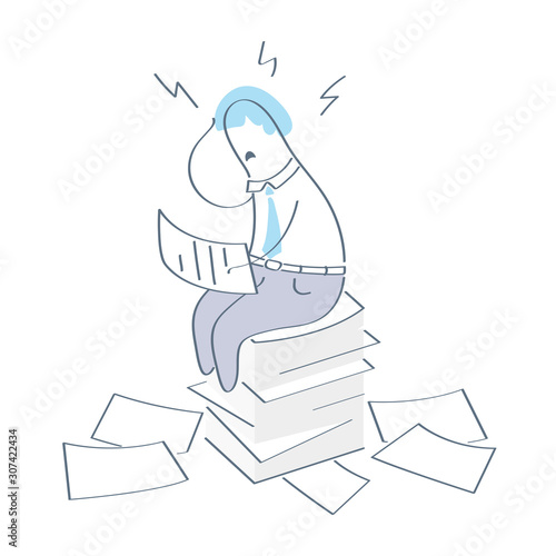 Office stress, overwork, overload with paper work, report or education concept. Cute shocked cartoon character sitting on the pile with paper docs. Flat outline trendy design vector ui icon on white.