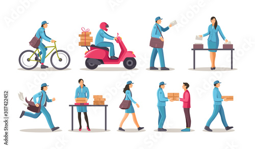 Post office workers shipping letters  parcel set. Postman work courier with bag on bicycle scooter running delivering correspondence  letters to the addressee cartoon vector illustration
