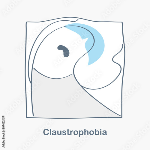 Man locked or trapped inside uncomfortable small square box, frame or inside lift. Fear of closed spaces. Claustrophobia hand drawn line vector illustration with cute cartoon man.
