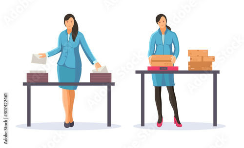 Post office workers shipping letters and parcels. Group of postmen woman sort and send mail letters and parcels to the addressee, delivering correspondence. Mail delivery service cartoon vector