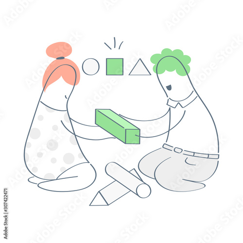 Solution, finding the right answer concept. Two cartoon characters solving a puzzle, holding a cube to put it the right hole. Brainteaser, logic game, solving a logical problem. Flat outline ui vector