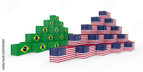 3D Illustration of the group Cargo Containers with Brazil and United States of America (USA) Flag. Isolated on white.