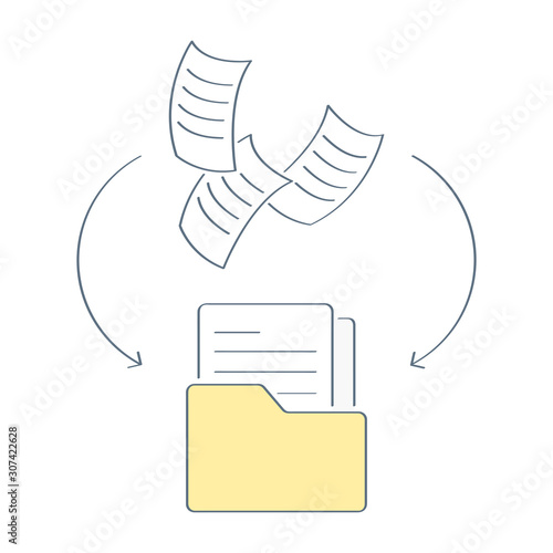 Save files, documents, moving data to a storage folder. Workflow, paperwork, data update, transfer, processing or migration, database synchronization, Flat outline trendy isolated vector ui element.
