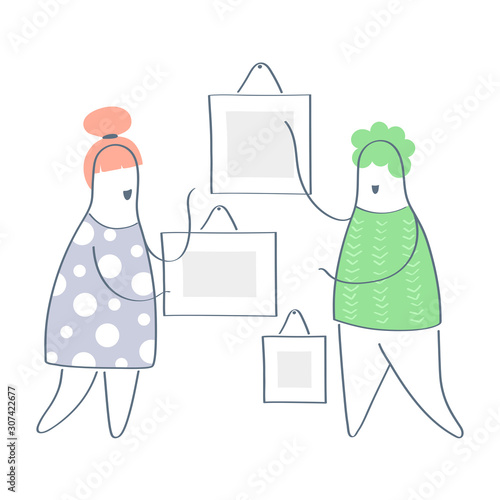 Visitors of art gallery or museum viewing pictures, exhibits. Tourists looking at paintings at exhibition. Cartoon men and women enjoying artworks