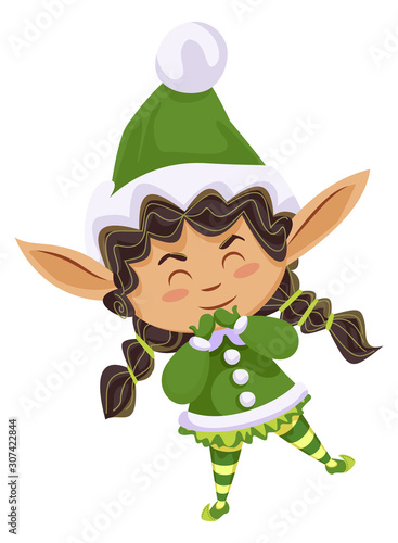 Christmas character isolated personage with long ears. Xmas elf wearing costume and hat. Cute child in winter clothes with closed eyes. Pixy in seasonal holidays period. Vector in flat style