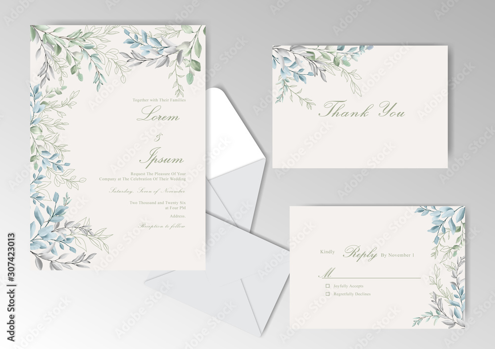 Elegant Watercolor Wedding Invitation Cards Set with Beautiful Leaves