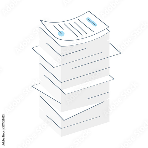 Paper stack, the pile of documents or bills, contracts. Paperwork and routine, research, analyzing process icon concept. Flat thin line vector illustration on white.