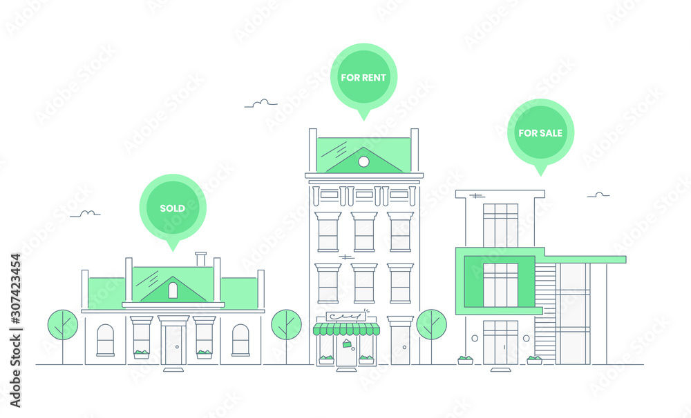 Choosing right house for living, compare different kind of houses and property, making a choice. Buildings with banners - for sale, for rent and sold. Flat line vector illustration on white. Choosing right house for living, compare different kind of houses and property, making a choice. Buildings with banners - for sale, for rent and sold. Flat line vector illustration on white.
