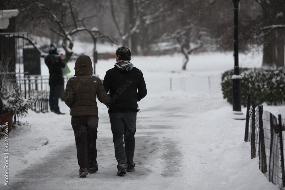 couple walking through centralpark after snowfall