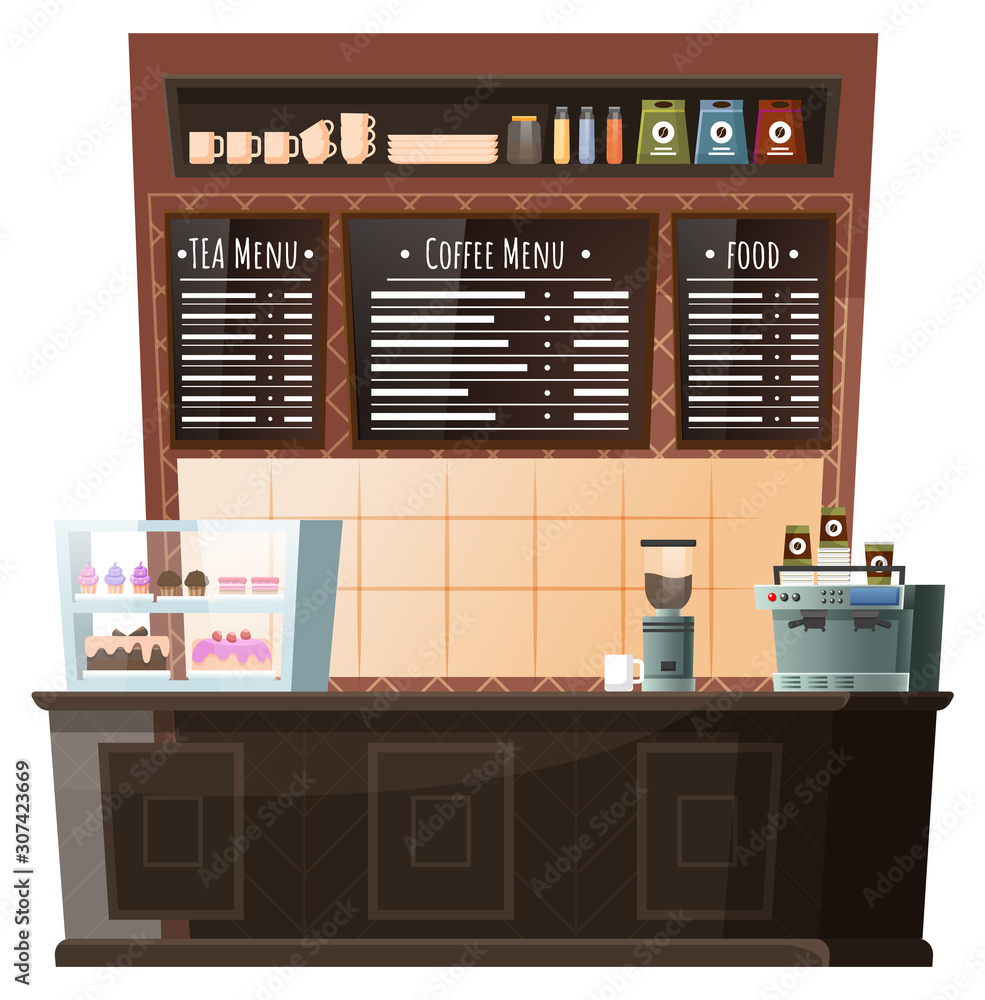 Coffeehouse homelike interior, workplace of barista. Furniture for cafe like stance with coffee machine and pastry stand. Menu board with positions of food and beverages. Vector illustration in flat