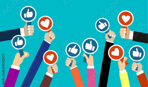 Group of business people with thumbs up and thumbs down icon. Testimonials, feedback, customer review concept. Vector illustration. Flat style design