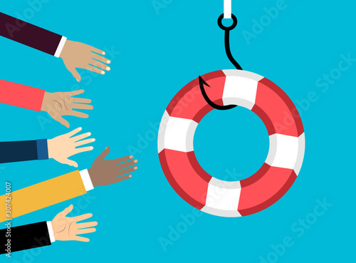 Businessmans getting lifebuoy, deception, a trap on the hook and hands stretching for help.Fishing hook with life buoy. illustration in flat style