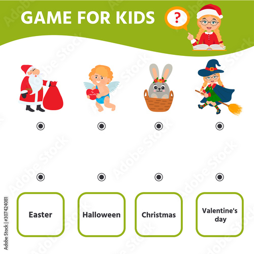 Education logic game for preschool kids. Kids activity sheet.  Holidays. Children funny riddle entertainment. Vector illustration